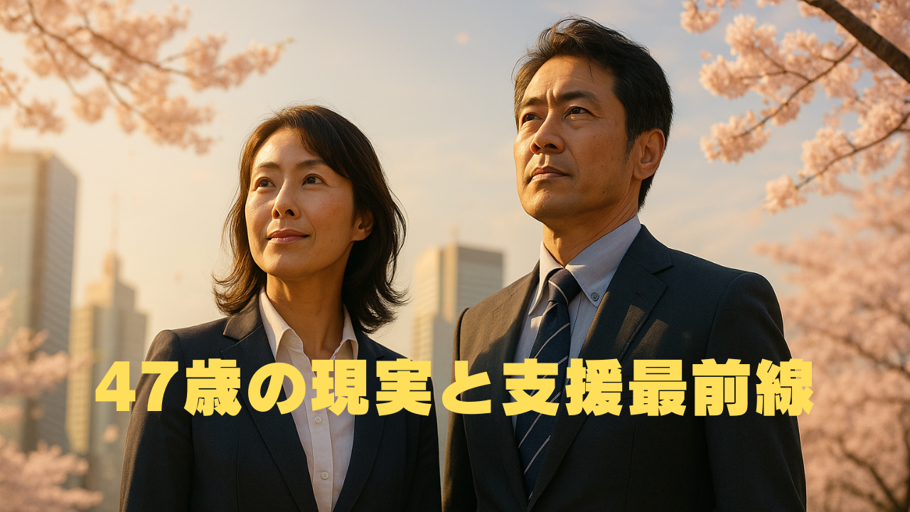 47歳という年齢が持つ現実と、それを支援する最前線の状況を描いた画像。決意を秘めた表情の中年の男女が、希望に満ちた未来を見据えている様子が印象的。背景には、都市の風景と、春の象徴である桜が描かれている。