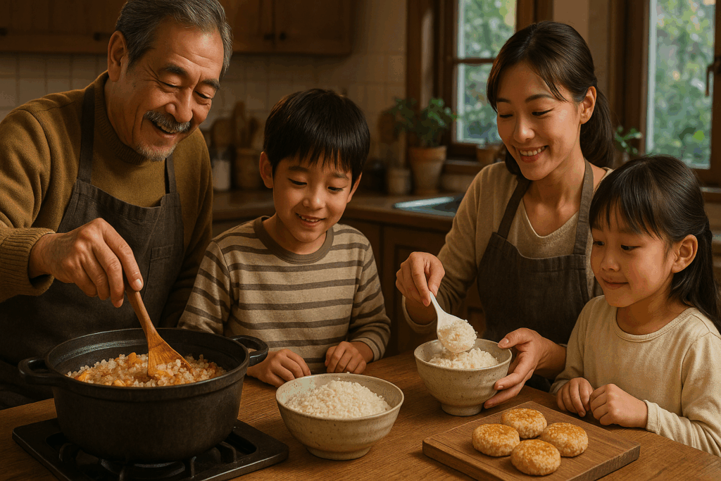 キッチンでごはんをよそう家族の団らん風景。祖父、母、子どもたちが炊き込みご飯や白ご飯を一緒に楽しんでいる様子。