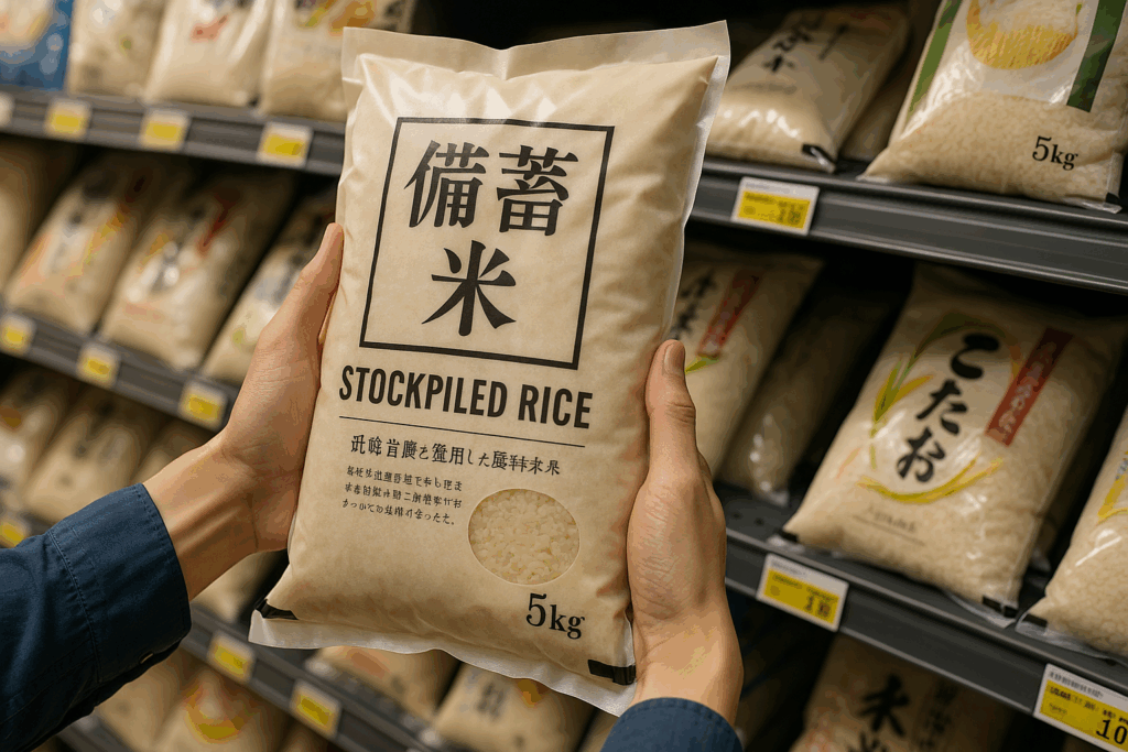 スーパーの棚で「備蓄米」と書かれた5kgの袋を手に取る人物の手元。背景には他の米袋が並んでいる。