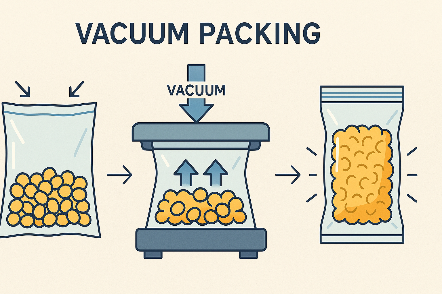 食品を袋に入れて空気を抜き、密閉する真空パックのプロセスをイラストで説明している図。