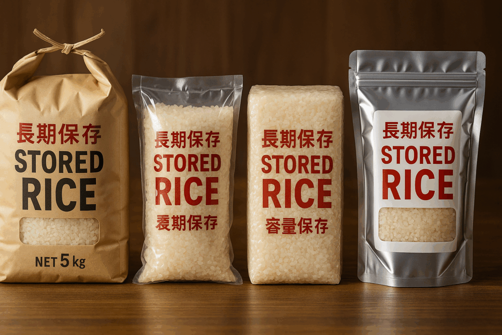 長期保存用にパッケージされた複数の種類の米の袋が、茶色、透明、銀色の包装で並べられている。