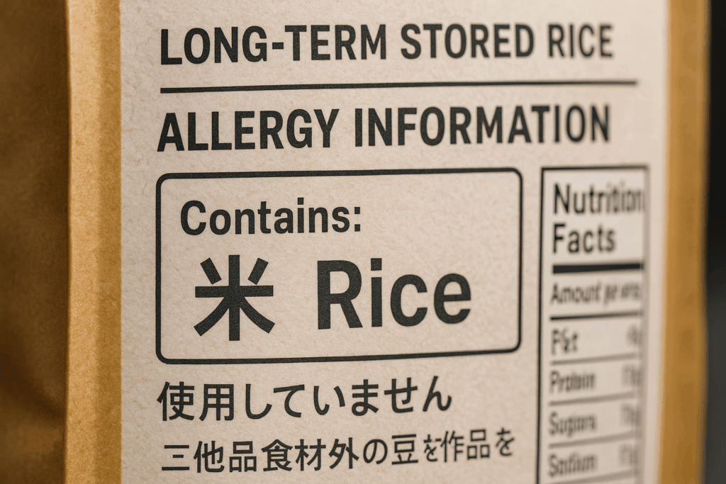 「米」アレルゲンを含むことを示した長期保存米のラベルのクローズアップ。