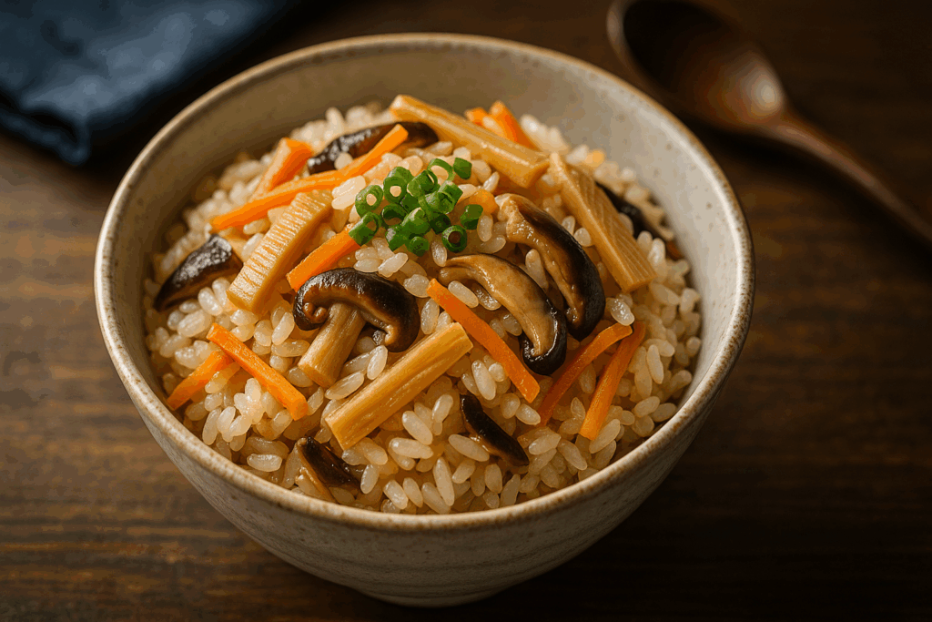 椎茸や人参、筍が入った炊き込みご飯が陶器の器に盛られている様子。