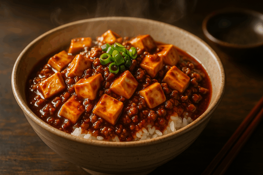 湯気が立ち上る麻婆豆腐が白ご飯にたっぷりとかけられた丼料理。