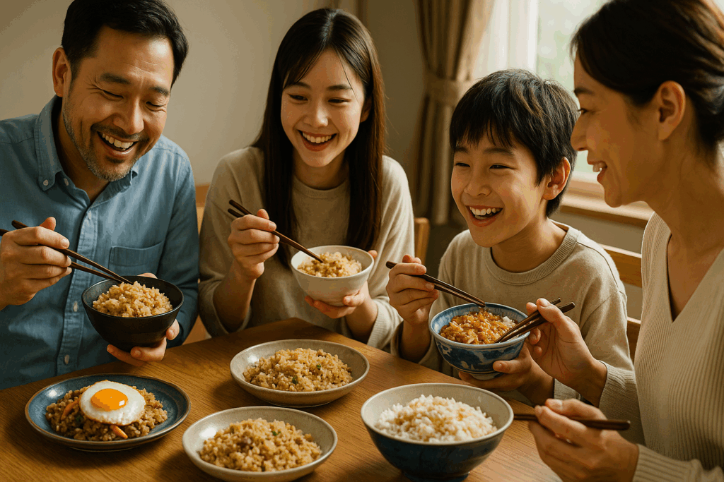 笑顔で食卓を囲み、チャーハンや目玉焼きご飯を楽しむ家族の様子。