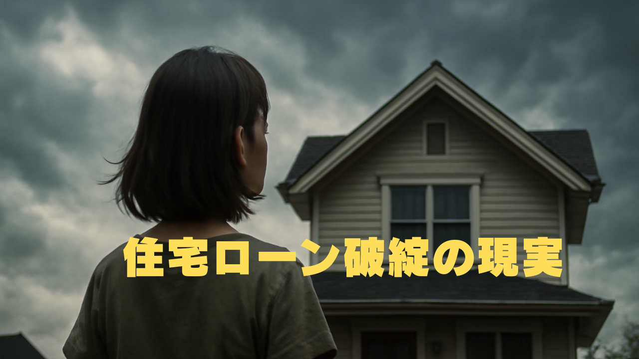 暗い空の下、一軒家を見つめる人物の後ろ姿と「住宅ローン破綻の現実」という文字