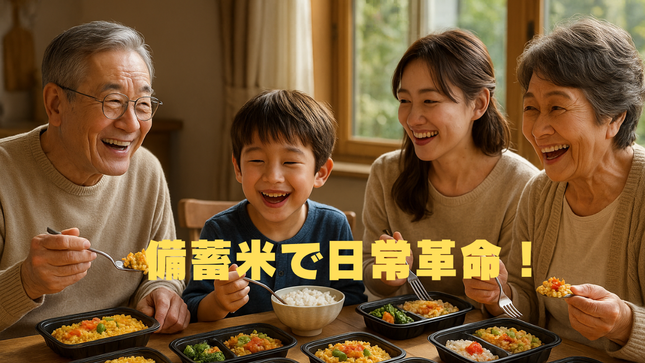 「備蓄米で日常革命！」の文字と共に、家族4人がカラフルなご飯を食べながら笑顔を見せる食卓の風景