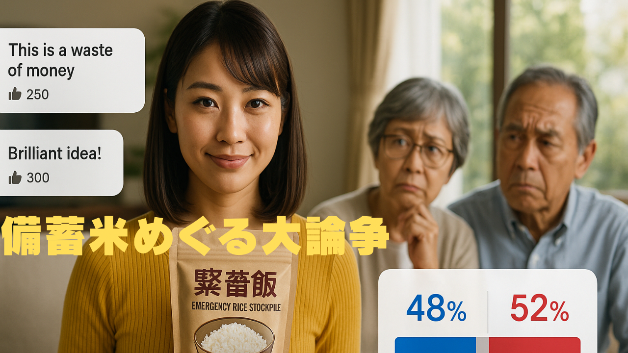 「備蓄米めぐる大論争」の文字と、意見が割れるSNSコメント、微笑む若い女性と不安げな高齢者夫婦の対比構図