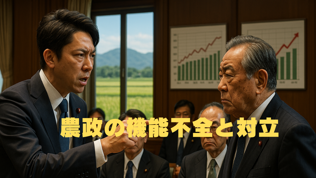 会議室で農政をめぐり激しく対立する2人の政治家。1人は怒りをあらわに指をさし、もう1人は無言で睨み返す。